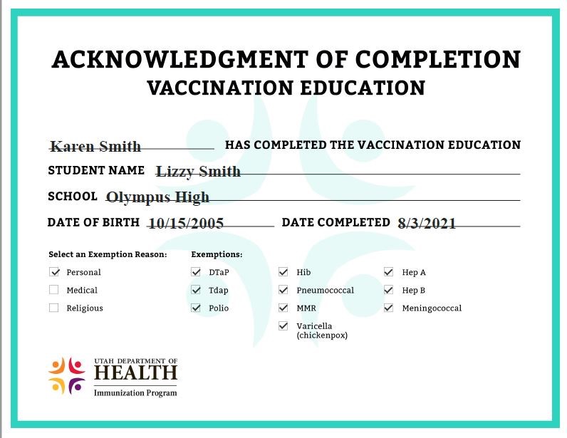 Health Department Vaccine Exemption Certificate
