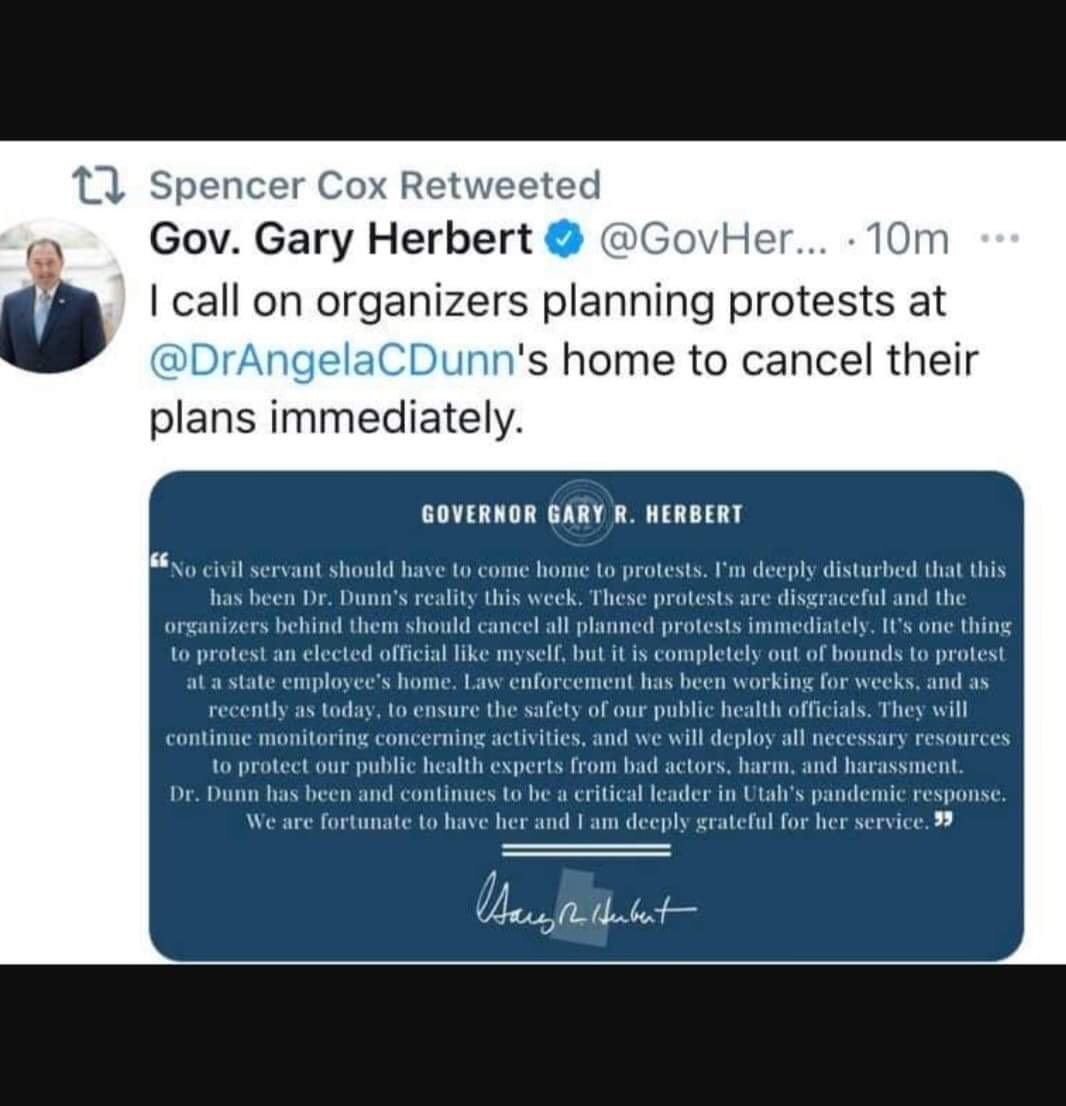 Gary Herbert's official response on twitter to protesting at Dr. Angela Dunn's House