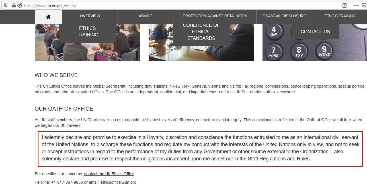 United Nations Oath of Office Website Snapshot October 2020